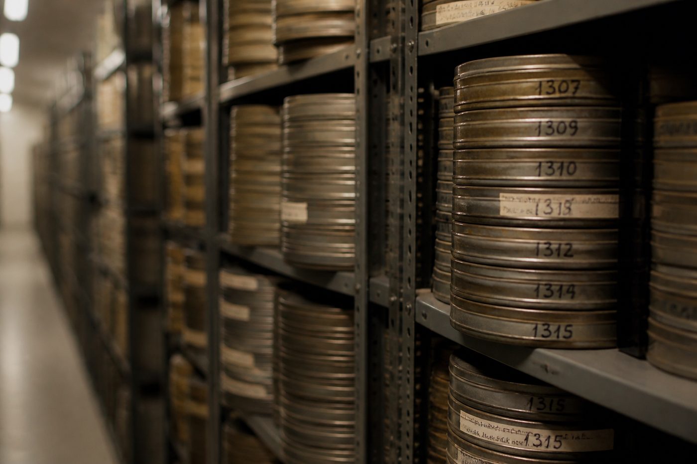 Shelf of numbered sixteen millimetre film cans on metal racking inside a climate controlled archive vault.