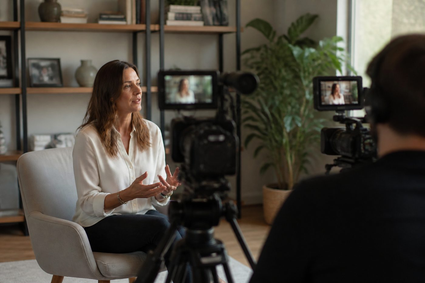 Interview setup with a main camera on the speaker and a second camera framing a cutaway shot of the speaker's hands.