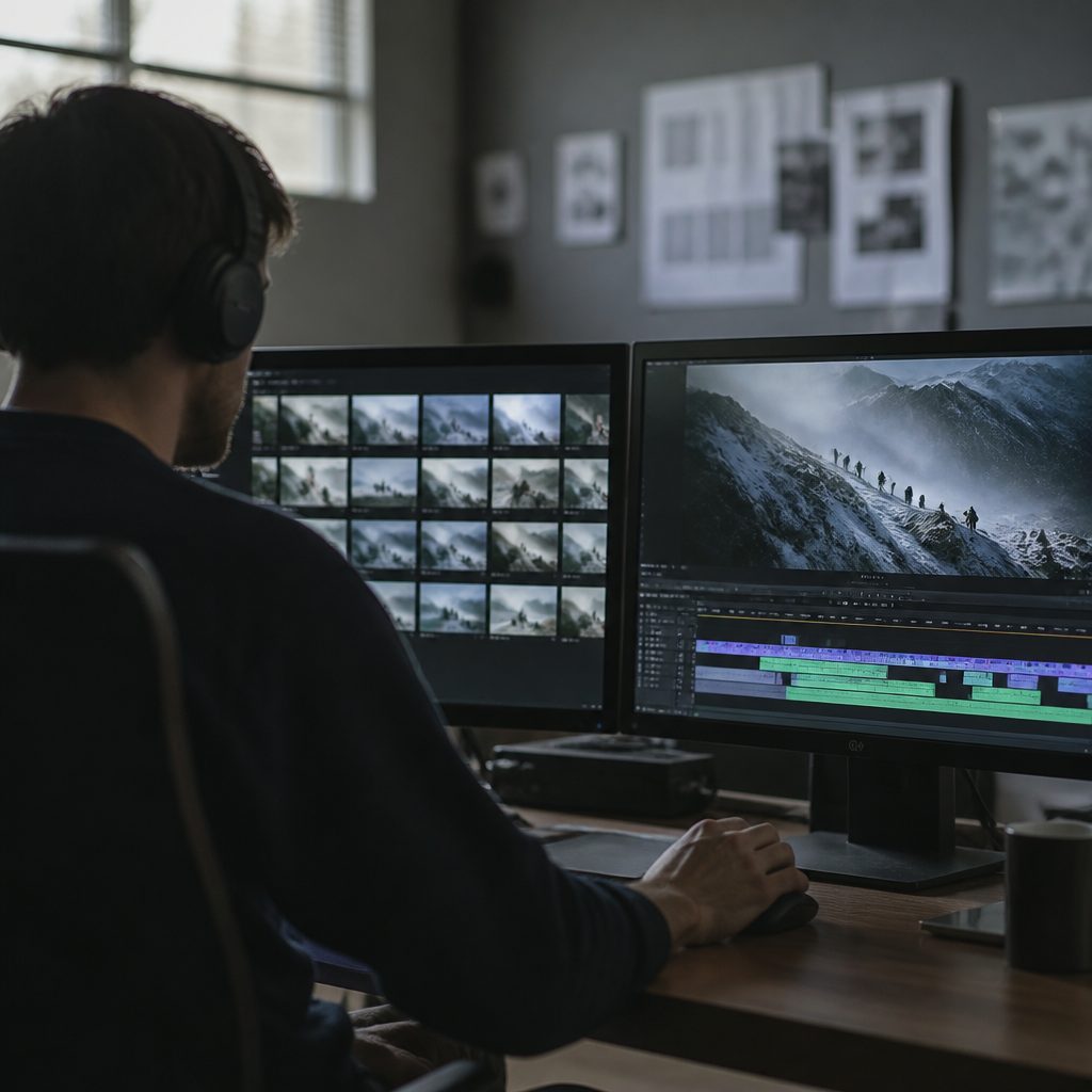 Documentary editor at a two monitor edit suite reviewing watermarked archive clips arranged on a timeline.